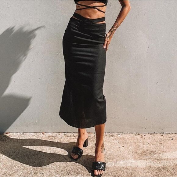 Princess Polly Black Mariah Cotton Linen‎ Cutout Midi Sheath Skirt 4US - Picture 4 of 9